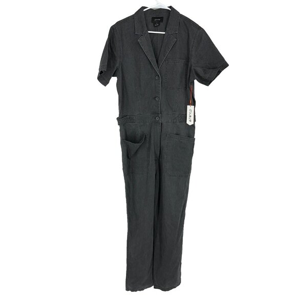 ATWYLD Women L Uniform Jumpsuit Black Denim Short Sleeve Utility Pockets Adjust - Picture 1 of 12
